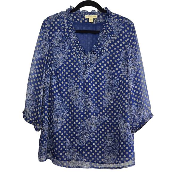 Coldwater Creek Navy Blue‎ Sheer Polka Dot Blouse Size 16/XL - Picture 1 of 6